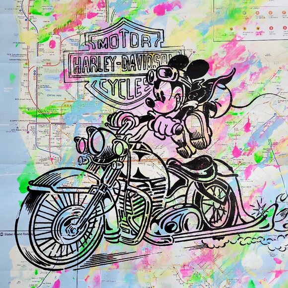 Handpainted Mickey Mouse Harley-Davidson Acrylic Art Painting on NYC Subway Map - Picture 1 of 9